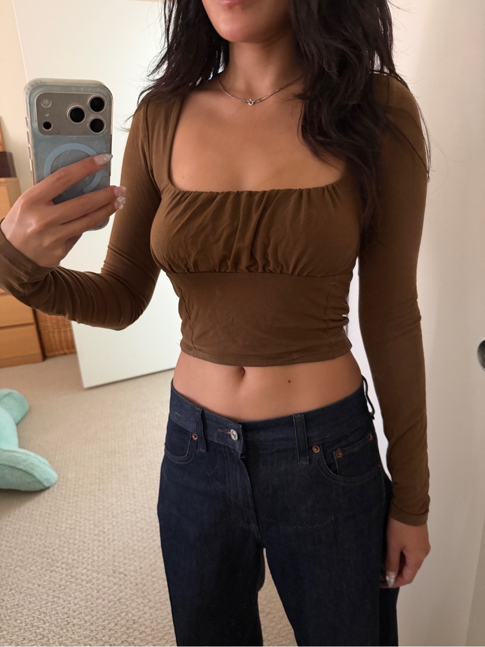 Aritzia Brown Ruched Square-Neck Long Sleeve Crop Top